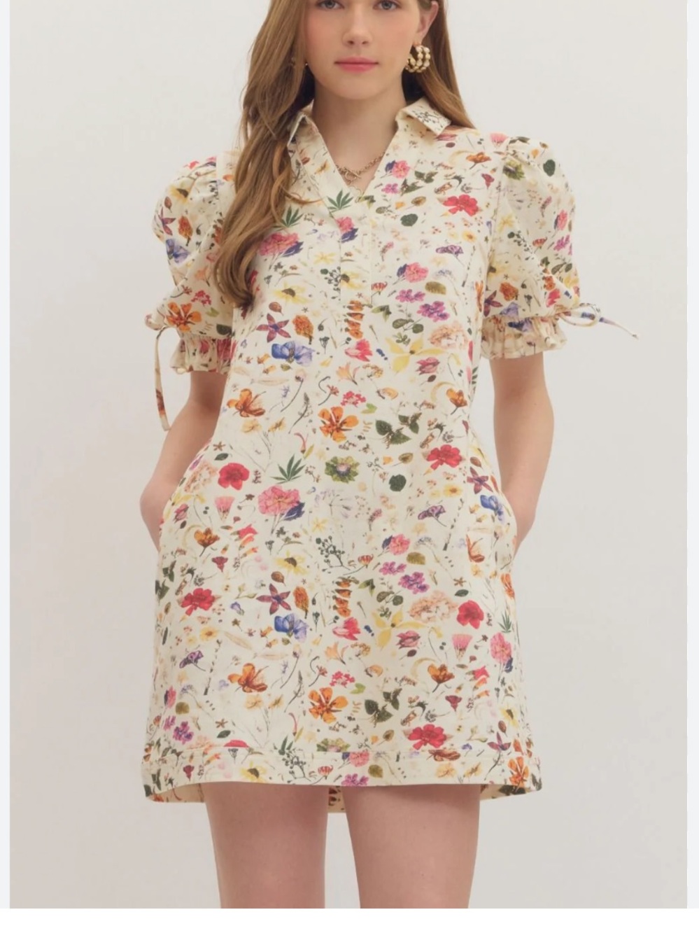 NEW Cream Floral Puff-Sleeve Bow Denim Mini Dress with Multicolor Blooms
